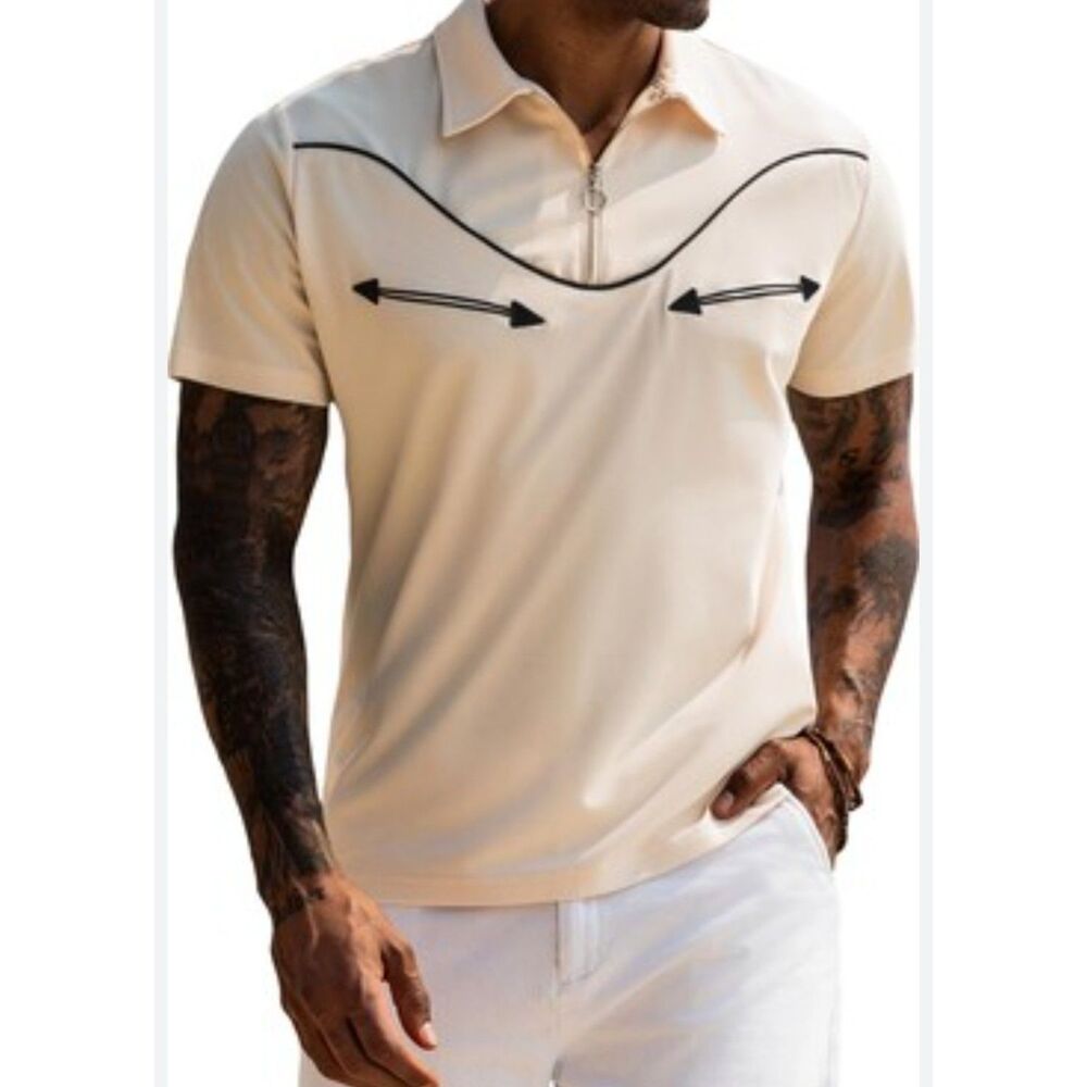 URRU Men's Short Sleeve Polo Shirt  Zipper Cream, Size: L, NIP